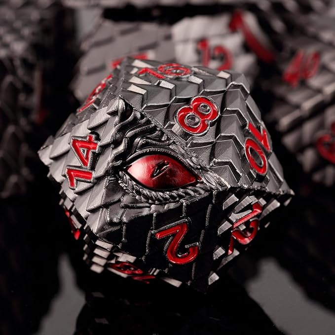 Metal Dice Set D&D,7 PCS Dragon Scale Metallic DND Dice Set,Dragon Eye Metal Dice with Gift Metal Box for Dungeons and Dragon Tabletop Game (Black Dragon Scale & Red Eye)