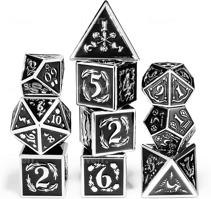 Metal Dice Set Collection for DND and All TRPG Games (Nightwatch, Silver 10 Set)