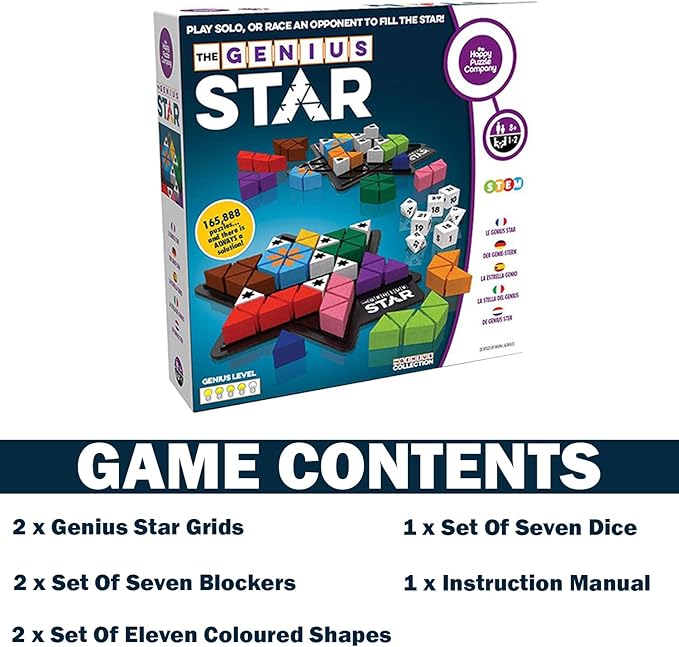 The Genius Star - Toy of The Year Award Winning Family Board Game. 165,888 Possible Puzzles by Filling in Colored Shapes with Blockers to Complete A Star! Golden Star Twist!