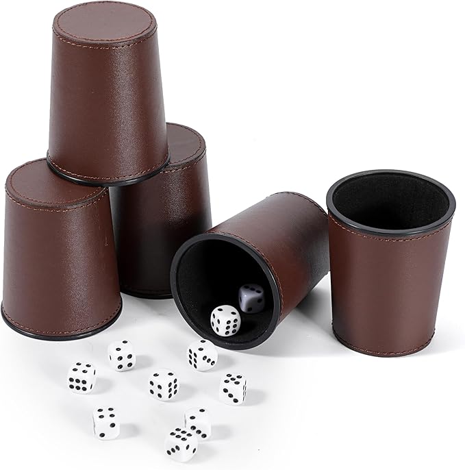 10x Dice Cup Set, PU Leather Dice Shaker Cups with 50 Dices for Bar Party Yahtzee Farkle Dice Games, Coffee (10, Brown)