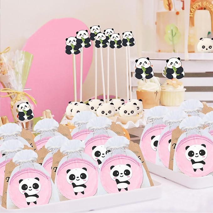 36 Pack Panda Change Purses Set Include 12 Wallets with Keyring,12 Thank You Tags and 12 Organza Bags for Panda Lover, Panda Themed Jungle Safari Animals Birthday Party,Pink