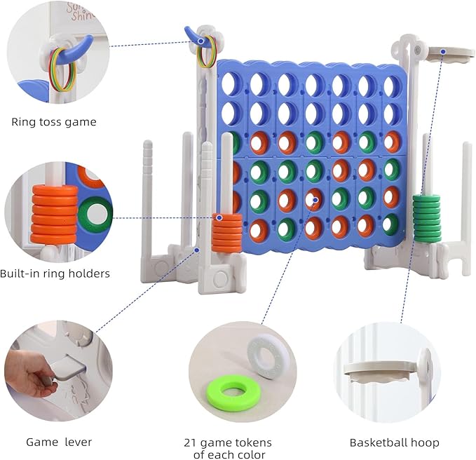 UNICOO® Jumbo 4 in a Row Game | Adjustable Height (2.5-3.5 FT) 4-to-Score Giant Yard Game Set for Kids & Adults w/Build-in Mini Games, Golf Clubs | Indoor/ Outdoor Games for Party & Family Fun