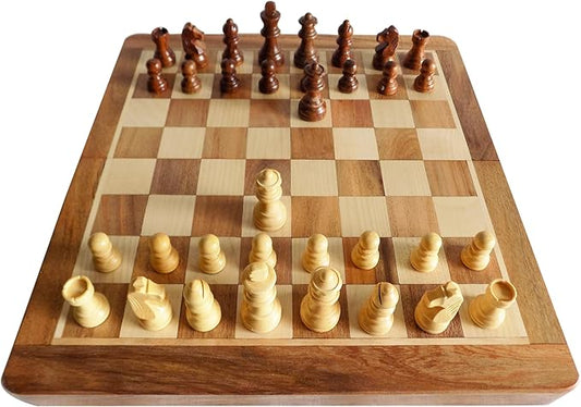 VINTAGOLOGY Acacia Wooden Folding Chess Board - Handcrafted Natural Finish, Ideal for Home Decor, Family Game Nights, Travel, and Collectors -12 inch