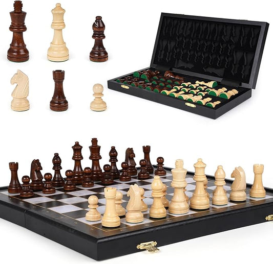 15-Inch Wooden Chess Set – Premium Folding Wooden Chess Board with Carved Chess Pieces, Built-in Storage, Portable and Travel-Friendly Chess Game Sets for Adults and Kids