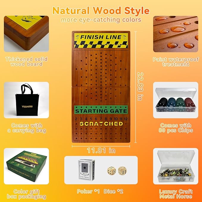 Large 23 inches Horse Race Board Game with Luxury Metal Numbered Horses, 4 in 1 Foldable Wood Horse Race Board Game with Dice Poker Chips/Chess & Checkers/Tic Tac Toe for for Adults Family Parties