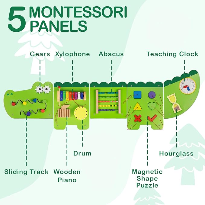 Monläurd® Crocodile Montessori Busy Board,Sensory Board,Educational Toys,Activity Cube,Wall Toys,Daycare Furniture,Playroom Furniture,Interactive Toys,Wooden Toys,Learning Toys,Boys and Girls 6 M+