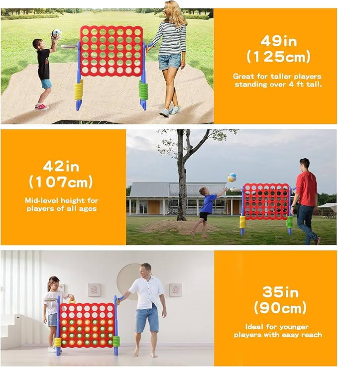 UNICOO® Height Adjustable Jumbo 4-to-Score Game, 4 in A Row Game with Basketball Hoop, Ring Toss, Carrying Bag, Indoor Outdoor Yard Game, Parties & Family Gatherings