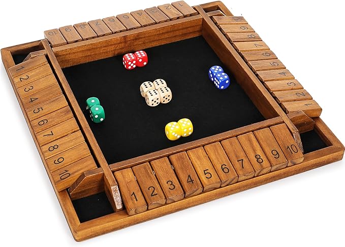Vamslove 12 inches Shut The Box Dice Game Wooden Board Table Math Game with 8+4 Dice for 2-4 Player, 4 Sided 10 Numbers Close The Box for Kids Adults(Instructions Included)
