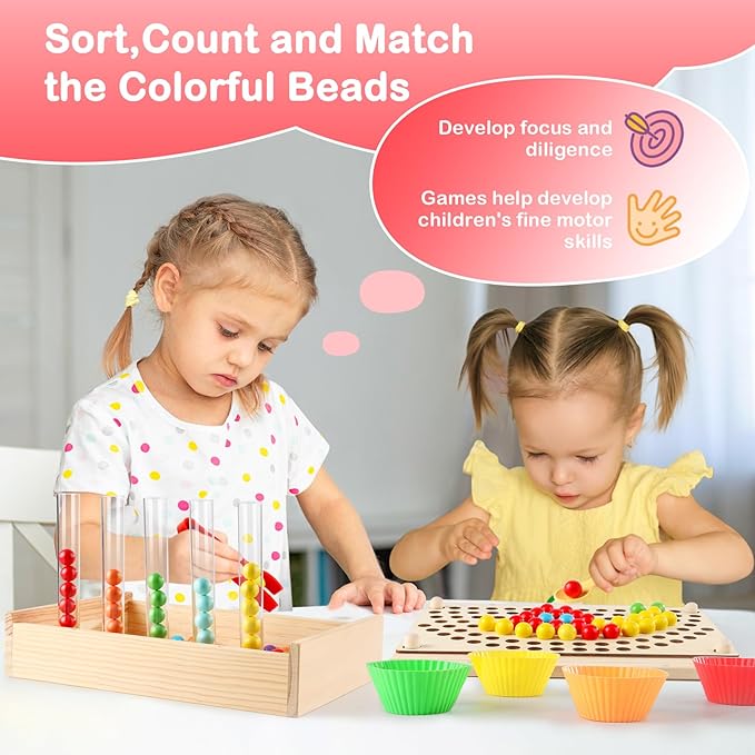 Toddler Learning Montessori Toys for 3 4 5 6 Year Old,Rainbow Stacking Matching Counting and Color Sorting - Wooden Peg Board Bead Game - Fine Motor Math Skills Toys for Boys & Girls