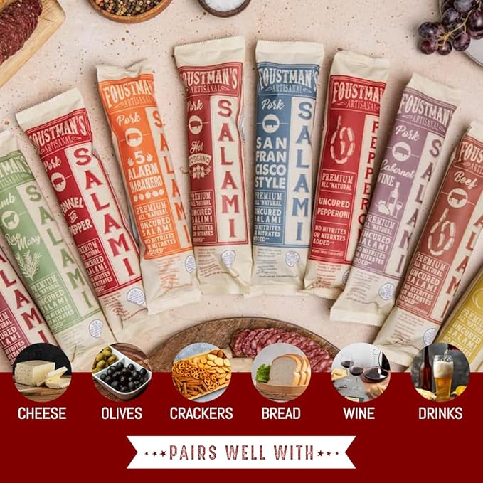 Foustman's Salami Pork Cabernet Wine Artisanal, Nitrate-Free, Naturally Cured, Gluten-Free, Dairy-Free, Pack of 3, 8 Oz Each