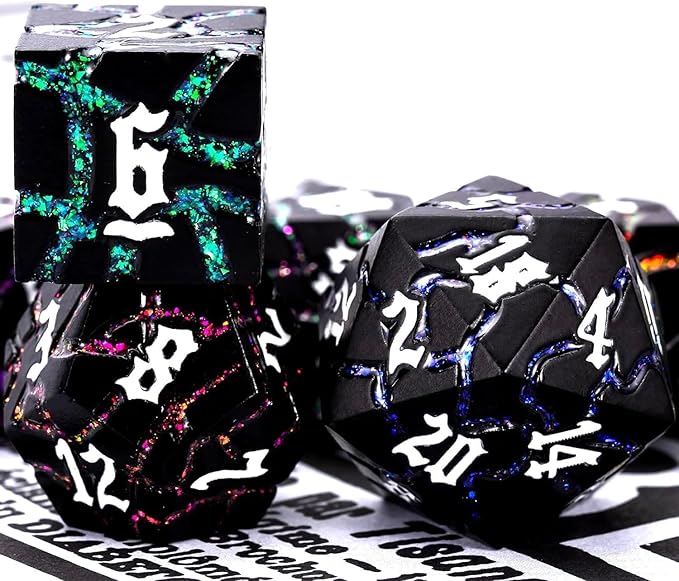 Dice Set D&D,Dungeons and Dragons Metal Dice Set with Box, Crack Glitter Polyhedral Dice for Role Playing Game (Matte Black 7 Colors)
