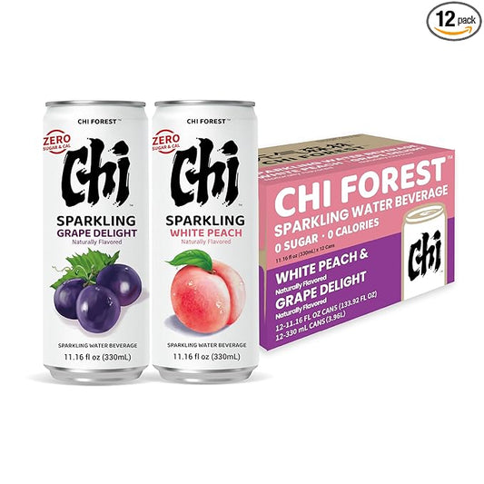 CHI FOREST Sparkling Water Beverage, Peach & Grape drinks, Zero Sugar or Artificial Flavor, 11.16 fl oz Cans (Pack of 12)