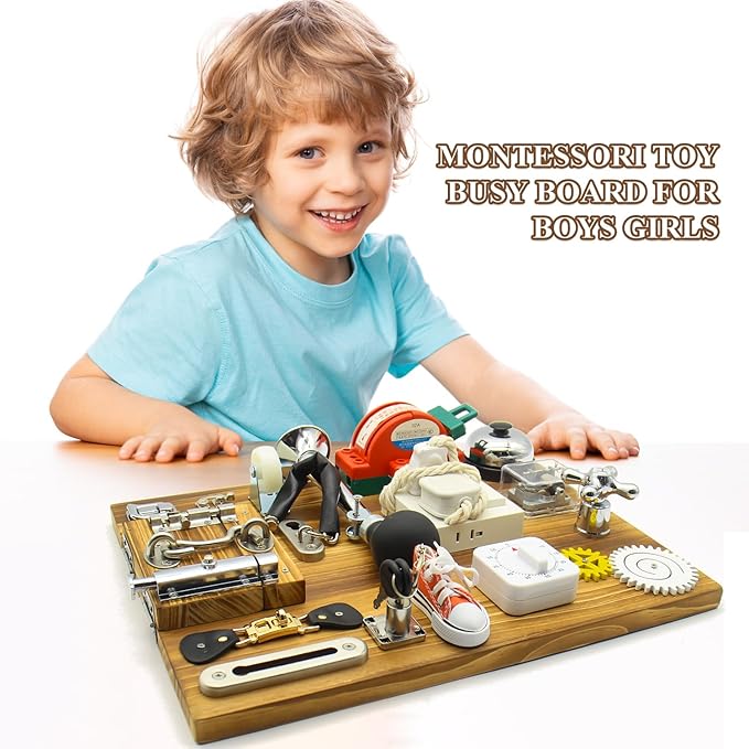 Mostop Montessori Large Busy Board for Toddlers,Montessori Educational Travel Toys for Autistic Children,Wooden Busy Board Sensory Toys Preschool Learning Activities Fine Motor Skills, Birthday Gift