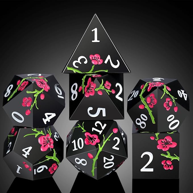 Metal Dice Set D&D, DNDND 7 PCS Flower Metallic DND Dice Set with Grogeous Gift Case for Dungeons and Dragon Tabletop Game (Matte Black with Pink Flower)