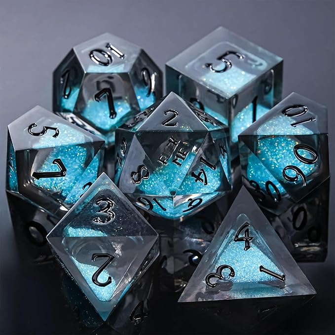 DND Dice Set - Handcrafted Liquid Core Sharp Edge 7-Die Resin Dice with Colorful Quicksand Effect,for DND, RPG, MTG, Tabletop Games(Rebel ESSENC)