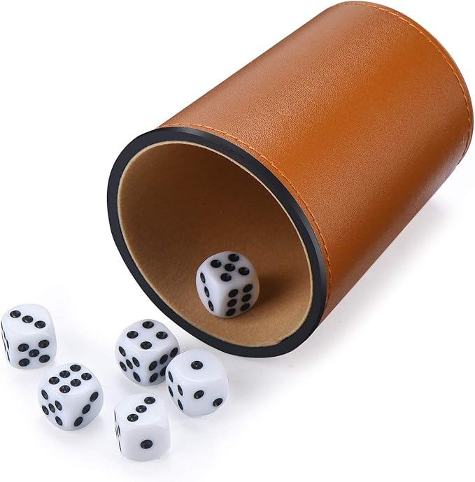 Leather Dice Cup Set, 5 Black Dice Cups + 25 Dices + Exclusive Storage and Transport Case Made of Faux Leather (Orange)