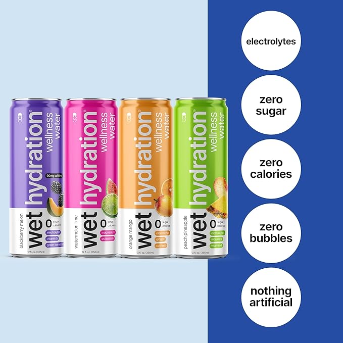 Wet Hydration, Zero Calorie, Functional Wellness Water - Variety Pack (12 Ounce Cans, 4 Flavors, Pack of 12) - Flavored Water, Hydration Drink, No Sugar, No Artificial Ingredients, Zero Calories (Packaging May Vary)