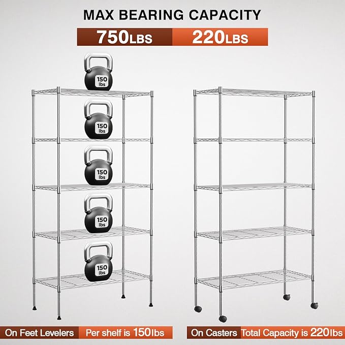 FDW Adjustable Storage Shelves 5-Tier Wire Shelving Unit Heavy Duty Metal Shelves with Wheels 14”Dx30”Wx61”H Storage Shelf Rack for Home Kitchen Commercial, Chrome