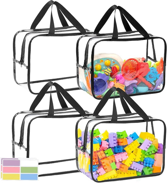 4 Packs Large Toy Storage Bags, Dual Zippers and Portable Handheld Design, Clear Waterproof Toy Organizer Bags with Labels, Board Game Storage