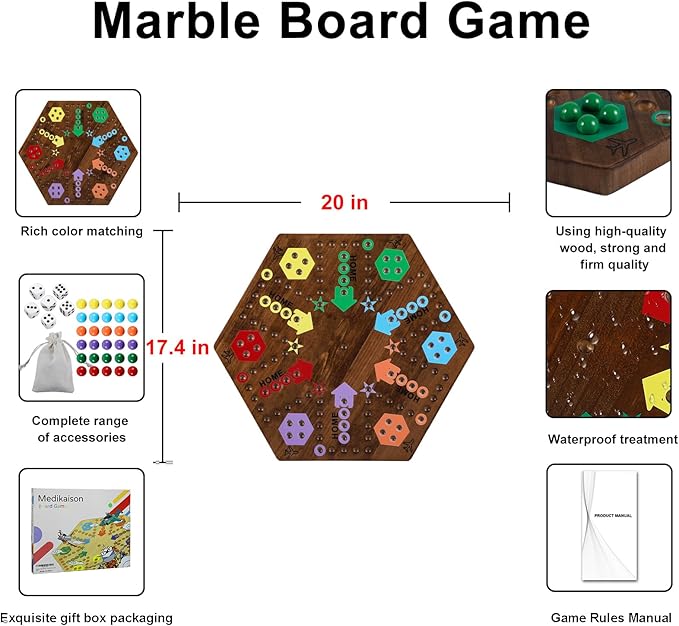 Large 20 Inches Wahoo Marble Board Game 4 and 6 Players 2 Sided Painted Thicken Wooden Dice Marbles Game for Family Friends Party Game Nights