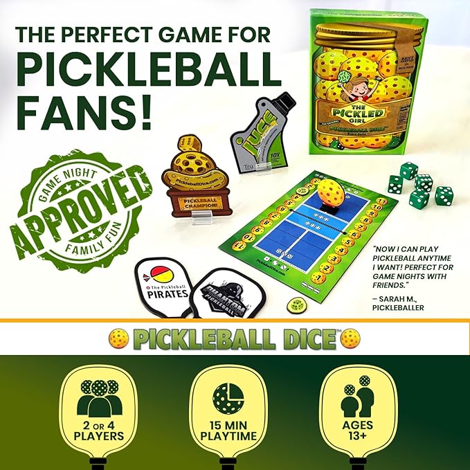 The Pickled Girl Pickleball Dice Game – Fun Tabletop Game for 2 or 4 Players, Pickle Ball Board Games, Pickleball Gifts
