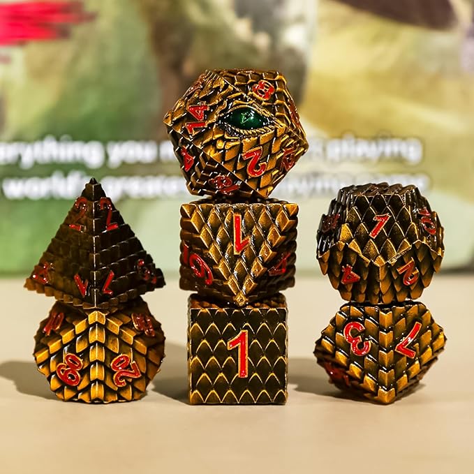 Metal Dice Set D&D,7 PCS Dragon Scale Metallic DND Dice Set,Dragon Eye Metal Dice with Gift Metal Box for Dungeons and Dragon Tabletop Game (Yellow Dragon Scale & Green Eye)