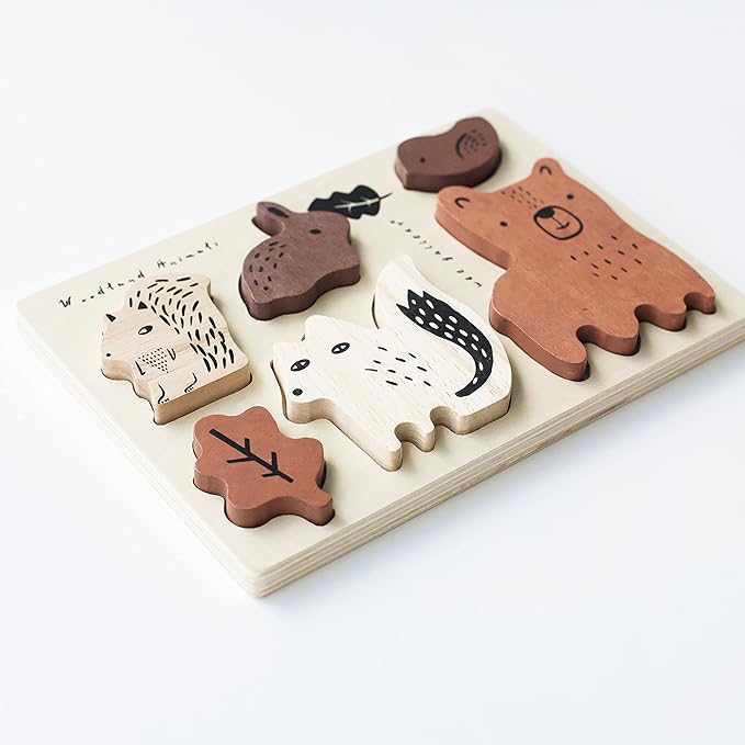 Wee Gallery Wooden Tray Puzzle Woodland Animals, Montessori Toy for Toddlers and Preschoolers for Early Learning and Fine Motor Skill Development, Sustainable Educational Puzzle for Kids