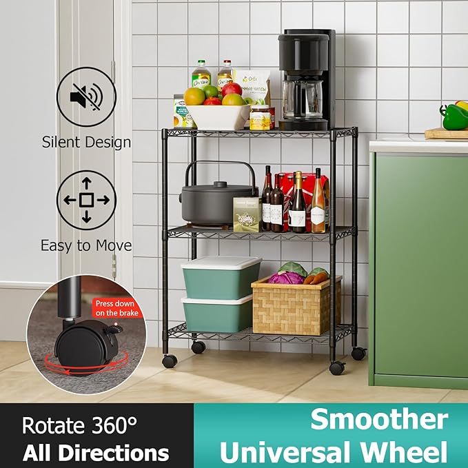 FDW 3-Shelf Adjustable,Storage Shelves Wire Shelving Shelving Unit Metal Shelves Storage Shelf with Wheels,13" D x 23" W x 31" H,Black