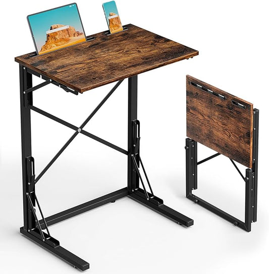 21''Wx28''H Folding TV Tray for Eating, Small Foldable C-Shaped Tray Table with Tablet and Phone Slots, Slide Under Couch Side Table for Recliner, Living Room, Bedroom, Rustic Brown