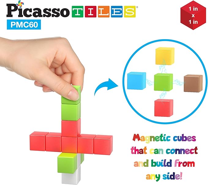PicassoTiles 60 Pieces 1" Magnetic Building Blocks, 3D Construction Cubes Magnet Sensory Toys Gifts with Free Idea Book for Kids, Toddlers & Babies - PMC60