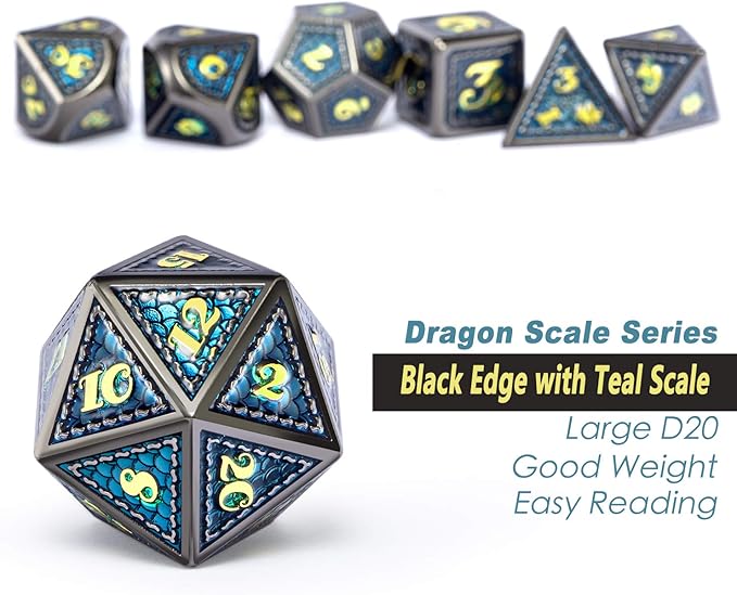 DNDND Metal Dice, 7 PCS Dragon Scale Metallic DND Die with Gift Metal Case for Dungeons & Dragons D&D (Teal with Black Edge)