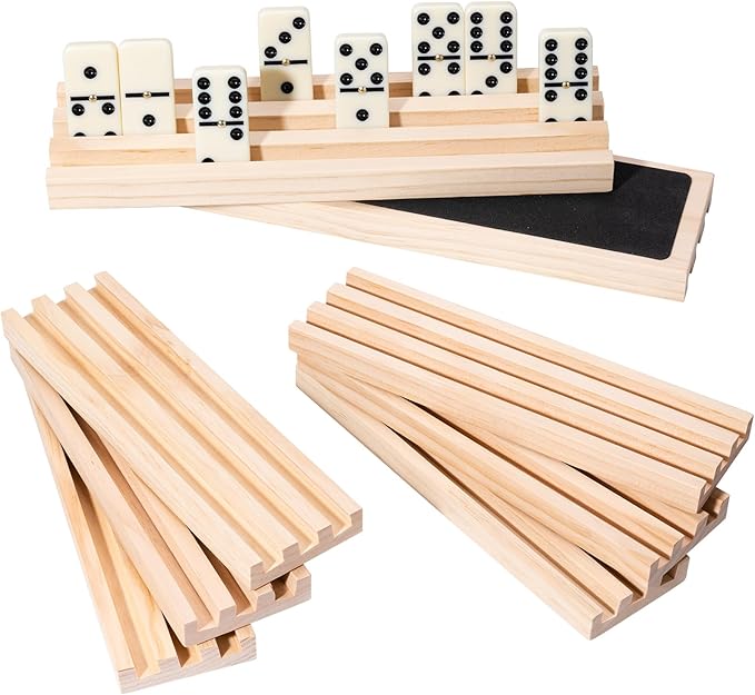 Wooden Domino Racks Set of 8 - Natural Wood Tray Organizer for Mexican Train, Chickenfoot, Classic Domino Games - Durable, Stackable (Dominoes Not Included)
