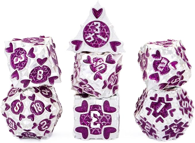 Metal D&D Dice Set 7pcs DND Dice Set with Beautiful Gift Box for Dungeons and Dragons MTR PRG Tabletop Games (Silver-Rose)