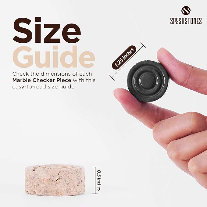 Marble Checkers 1.25 Inch Black and Travertine Stone Pieces for Classic Checker Board Games, Tabletop Strategy Set for Adults & Family, Travel and Outdoor Play