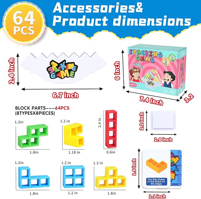 64PCS Stack Game for Adult & Kids, Tetra Board Tower Games for Family Travel Party, 2 Players Balance Stacking Toy, Team Toys Building Block