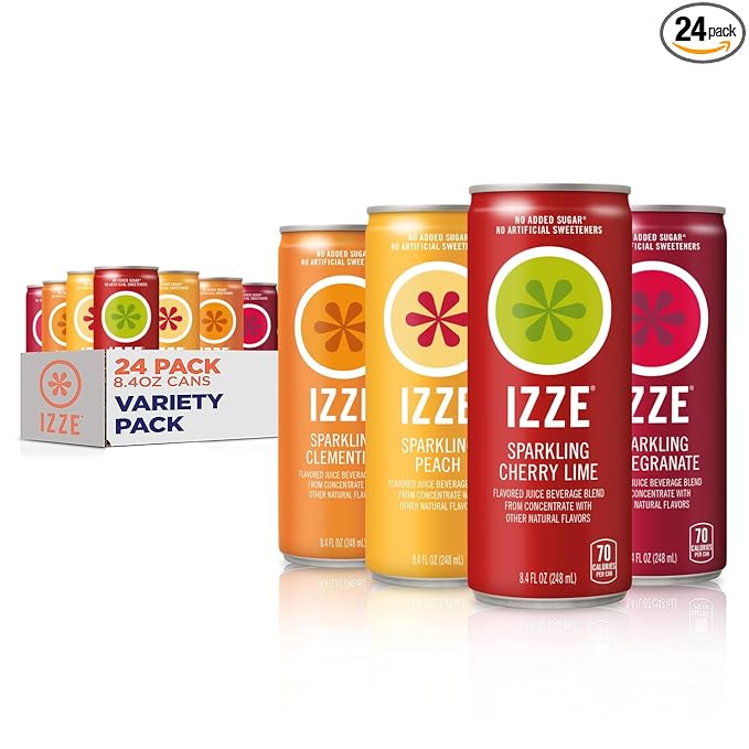 IZZE Sparkling Juice Beverage Blend, Sunset Variety Pack, Clementine, Peach, Cherry Lime, Pomegranate, No Sugar Added, 8.4 FL OZ, 24 Cans