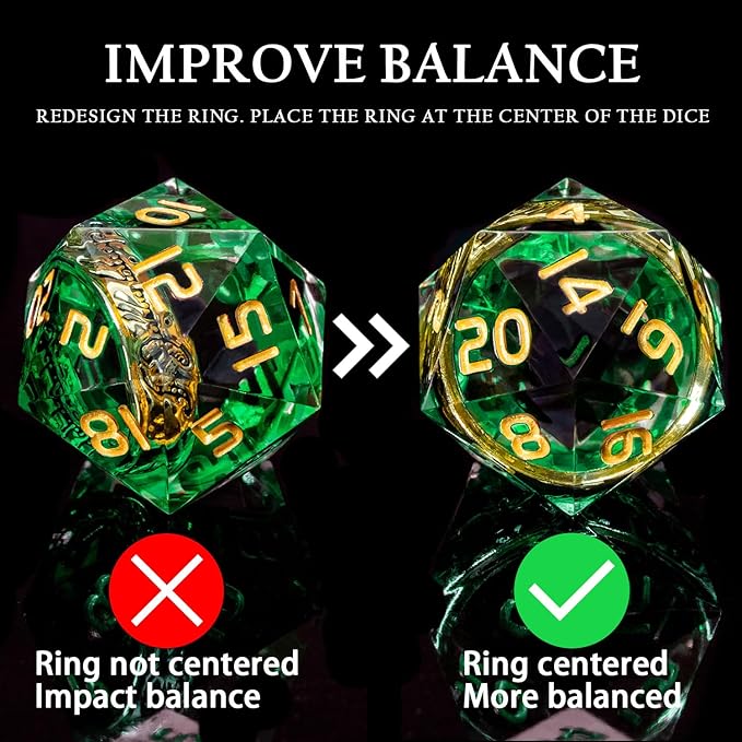 Magic Golden Ring DND Dice with Box, Green Sharp Edge Handmade D and D Polyhedral Dice for use with D&D Tabletop Games RPG, Lord Resin Dice D20 D12 D10 D8 D6 D4