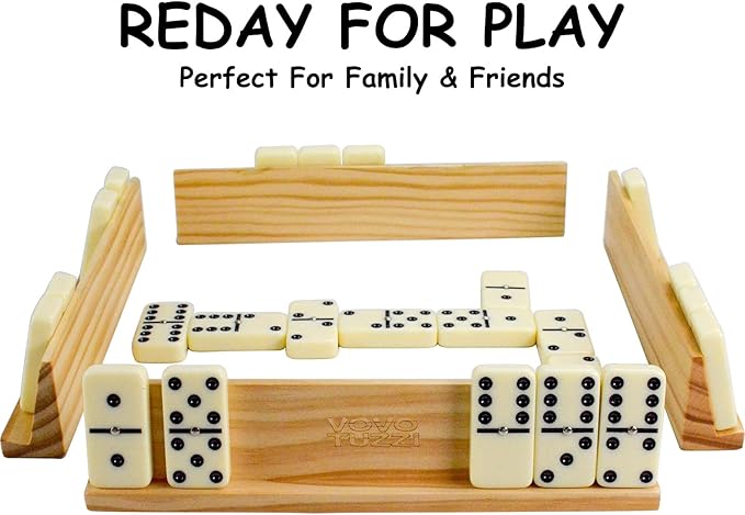 Dominos Set for Adults, Dominoes Set Double 6, Dominos for Kids, 28 Tiles, with 4 Wooden Racks/Tracks, Dominoes Set for Adults and Kids, with Travel Case - Classic Board Games for Family