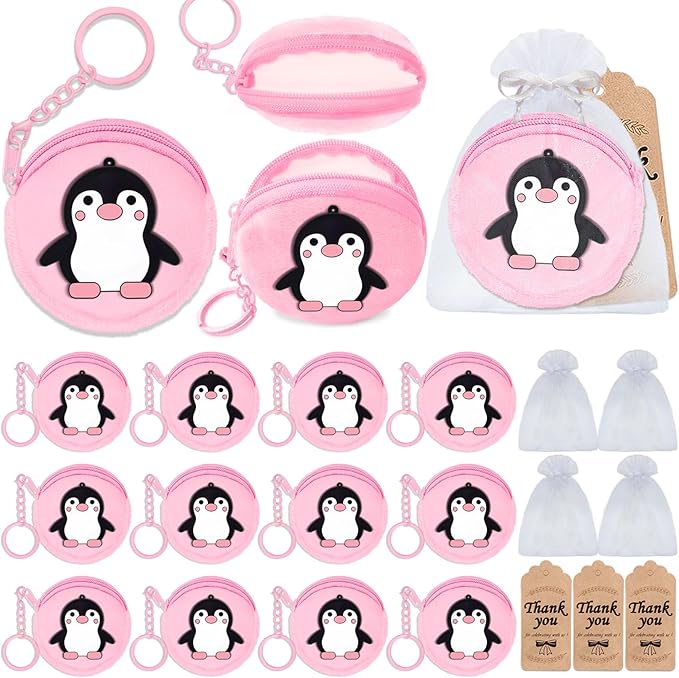 36 Pack Penguin Change Purses Set Include 12 Wallets with Keyring,12 Thank You Tags and 12 Organza Bags for Winter Party Supplies,Guest Return Gift, Animal Themed Party, Birthday,Pink