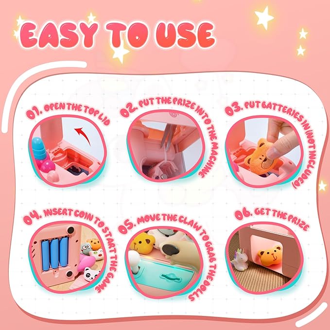 Skirfy Unicorns Claw Machine, Mini Vending Machine with Lights & Music, Adjustable Sound, Candy and Electronic Prize Dispenser, Includes 45 Toys, Candy and Birthday Gift for Kids Girls