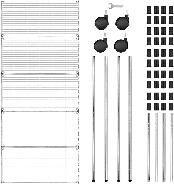 YSSOA Heavy Duty 5-Tier Storage Shelving Unit, 35.83" W x 13.98" D x 61.02" H, 1250 Lbs Loading Capacity, Chrome