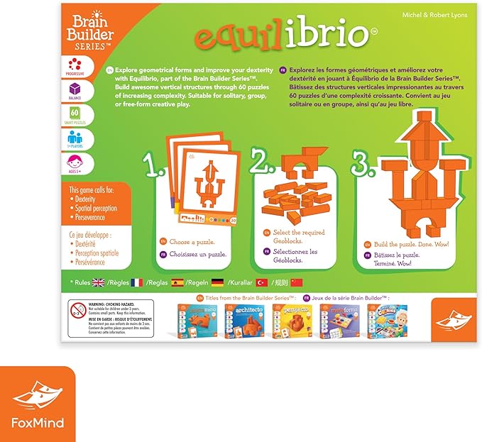 Foxmind Games: Equilibrio Spatial Logic and Dexterity Game, Build Gravity Defying Structures, 60 Smart Puzzles to Work Through, 6 Levels of Complexity, Develops STEM Skills, 1+ Players, for Ages 5+