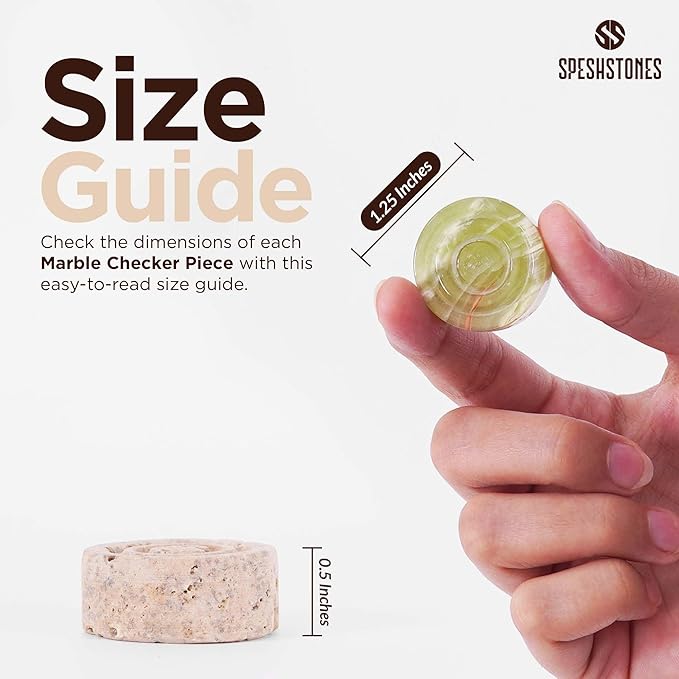 Marble Checkers 1.25 Inch Green and Travertine Stone Pieces for Classic Checker Board Games, Tabletop Strategy Set for Adults & Family, Travel and Outdoor Play