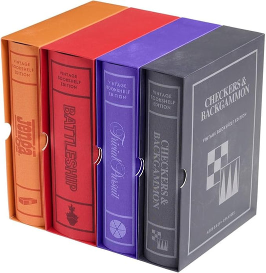 WS Game Company Battleship, Checkers and Backgammon, Trivial Pursuit, and Jenga Vintage Bookshelf Board Game Collection