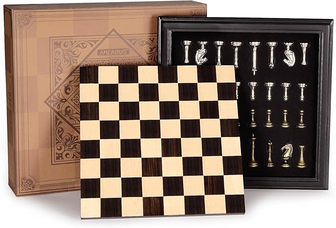 AMEROUS 12.5 inches Wooden Chess Set with Metal Chess Pieces,Classic Board Game w/ 2.5'' King/Storage for Chessmen/Instructions, Chess Sets for Adults, Kids, Beginner