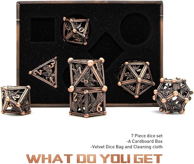 D&D Dice, Dungeons and Dragons Metal Dice Set of 7PC,DND Dice Eagle Design with Role Playing D and D Starter Dice for RPG MTG Table Board Games Shadowrun Yahtzee (Eagle-Copper)