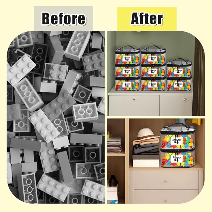 8 Pack Large Clear Toy Storage Bags with Zipper - 9.4x6.7x5.1In Waterproof PVC Organization for Lego, Building Blocks, Board Games & Puzzles - Includes Name Tag (Black)