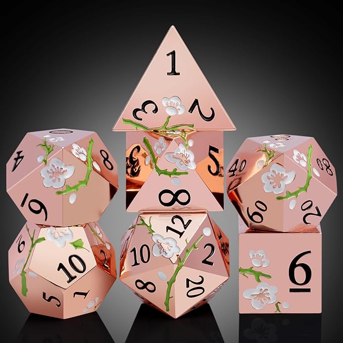 Metal Dice Set D&D, DNDND 7 PCS Flower Metallic DND Dice Set with Gorgeous Gift Case for Dungeons and Dragon Tabletop Game (Gold with White Flower)