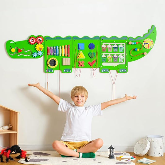 Crocodile Sensory Toys Activity Wall Panels, Educational Montessori Busy Board for Toddlers 18m+, Activity Cube - Sensory Wall, Wooden Learning Toys, Interactive Toys, Green