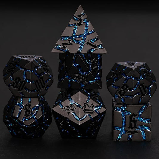Metal Dice Set D&D,Crack Metallic DND Dice Set with Box, Metal Glitter RPG Dice for Dungeons and Dragons Table Game(Pearl Gun Bright Blue)